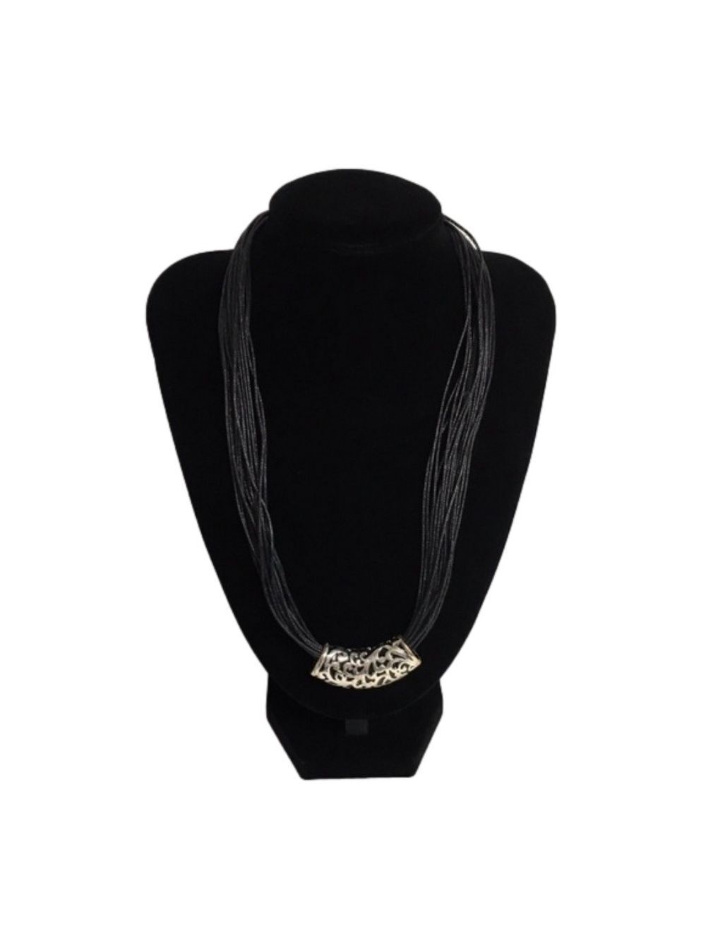 Black Leather Statement Necklace with Silver Slide